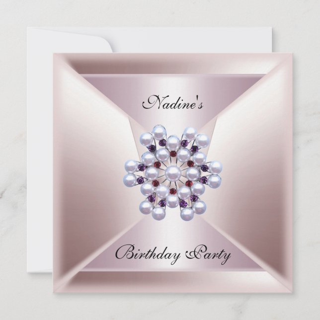 Invitación Cumpleaños de perla blanca rosa elegante joya (Anverso)