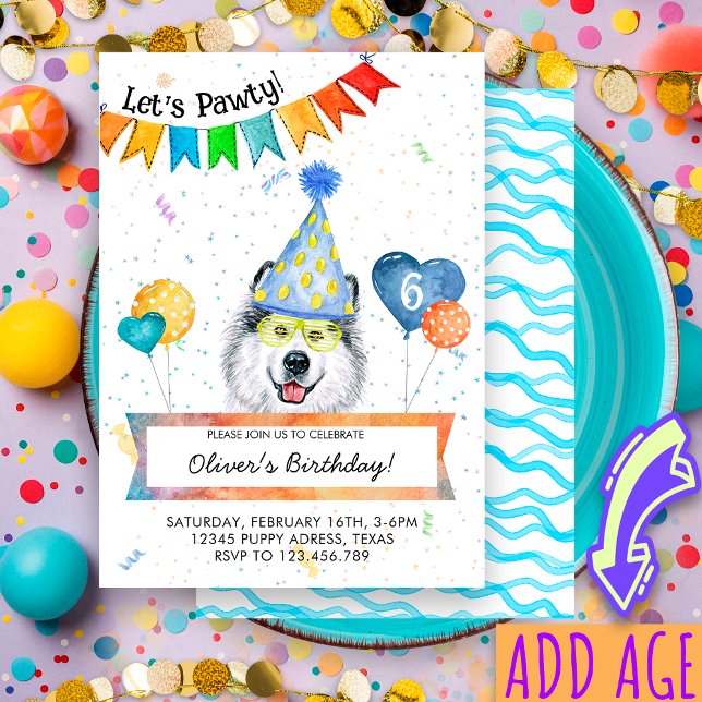 Invitación Cumpleaños de perro de Alaskan Malamute Lets Pawty (Subido por el creador)