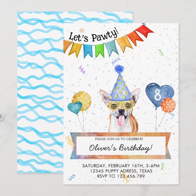 Invitación Cumpleaños de perro de Chihuahua Lets Pawty (Anverso / Reverso)