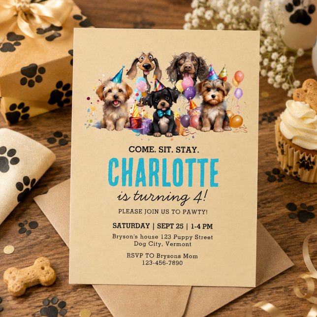 Invitación Cumpleaños de perro fiesta de cachorros acuarela (Watercolor Puppy Pawty Dog Birthday Invitation)