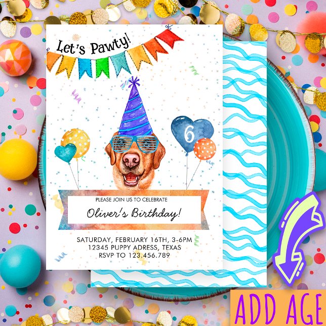 Invitación Cumpleaños de perro Labrador Amarillo Lets Pawty (Subido por el creador)