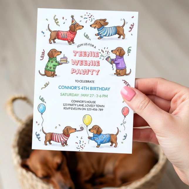 Invitación Cumpleaños de perro vienés salchicha Dachshund Tee (Dachshund Wiener Dog themed "teenie weenie pawty" - birthday invitation for any age kids or puppies!)