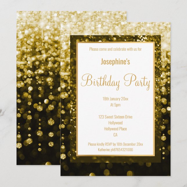 INVITACIÓN CUMPLEAÑOS DE PERSONALIZADO DE DIAMANTES NEGROS Y  (Anverso / Reverso)