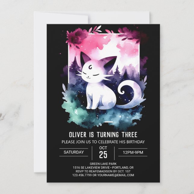Invitación Cumpleaños de personalizado Feliz Gato (Anverso)