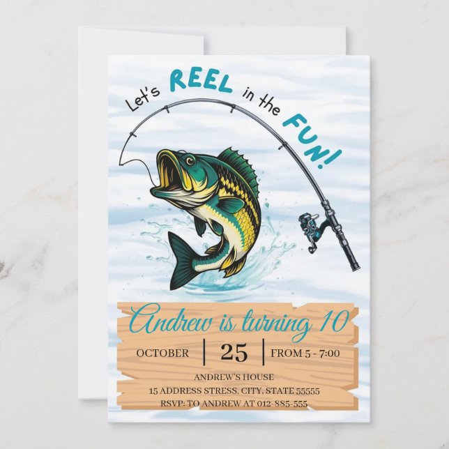 Invitación Cumpleaños de pesca | Carrete Personalizado de Div (Anverso)