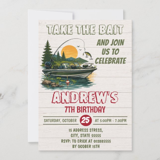 Invitación Cumpleaños de Pesca de Lubina Personalizado (Anverso)