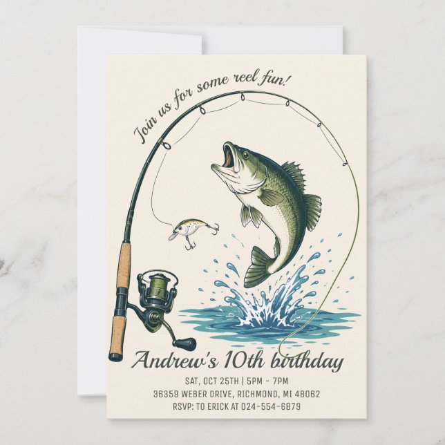 Invitación Cumpleaños de Pesca Divertido Reel Personalizado (Anverso)