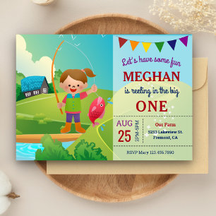 Invitación Cumpleaños de pesca para niñas 'The Big One' prime