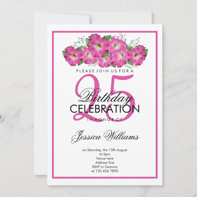 Invitación Cumpleaños de Petunias Rosadas Románticas (Anverso)