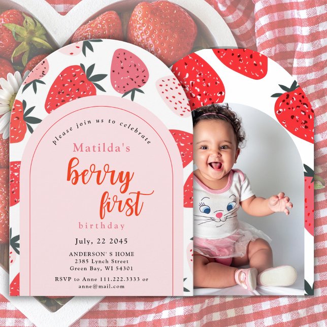 Invitación Cumpleaños de Photo Berry Primero Fresa Arco (Subido por el creador)
