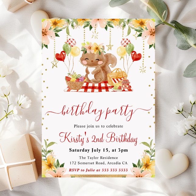 Invitación Cumpleaños de picnic de ardilla del bosque con acu (Subido por el creador)