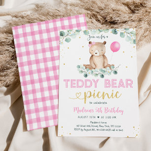 Invitación Cumpleaños de picnic de osito de peluche rosa para