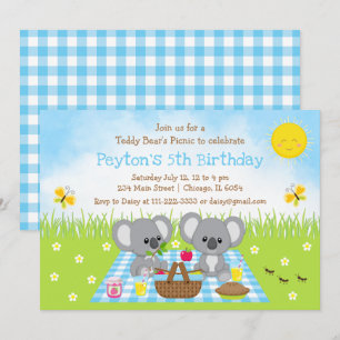 Invitación Cumpleaños de Picnic de Oso Koala en Cuadros Azule