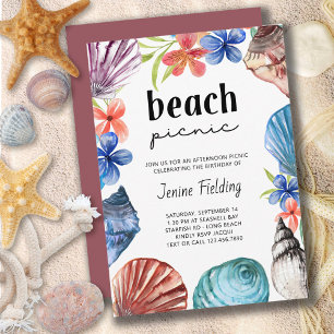 Invitación Cumpleaños de picnic de playa con conchas y flores