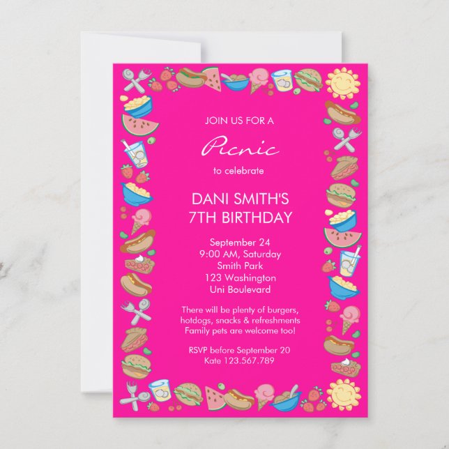 Invitación Cumpleaños de Picnic Rosado (Anverso)