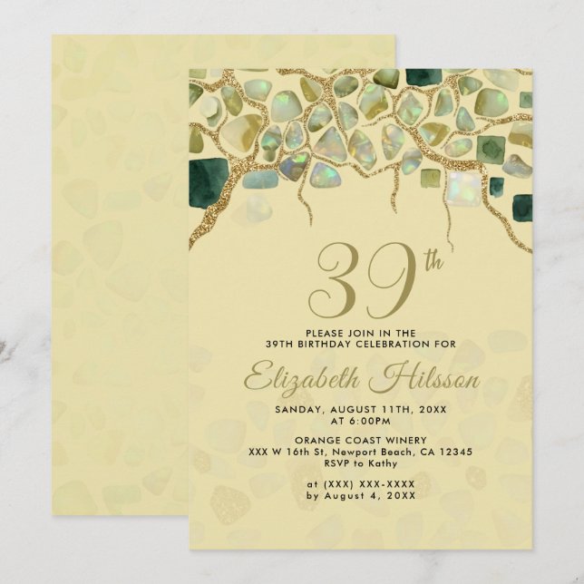 Invitación cumpleaños de piedras preciosas de oro falso de cr (Anverso / Reverso)