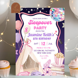 Invitación Cumpleaños de pijamada de niña rosa púrpura