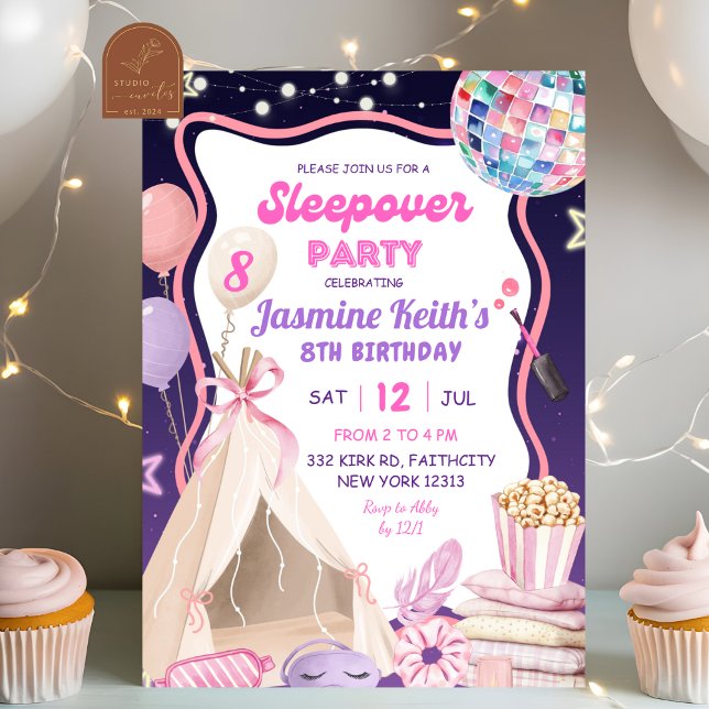 Invitación Cumpleaños de pijamada de niña rosa púrpura (Subido por el creador)