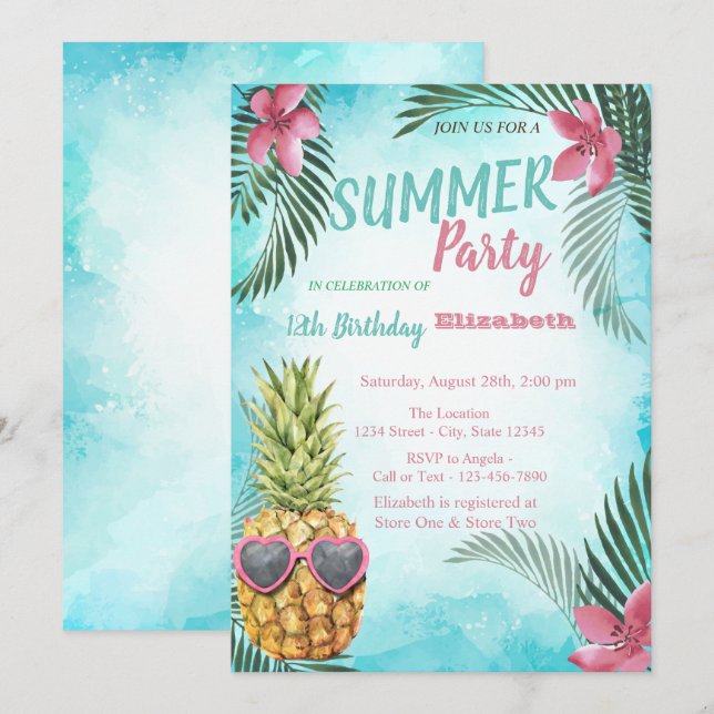 Invitación Cumpleaños de Piña Fresca con Hoja de Palma  (Anverso / Reverso)