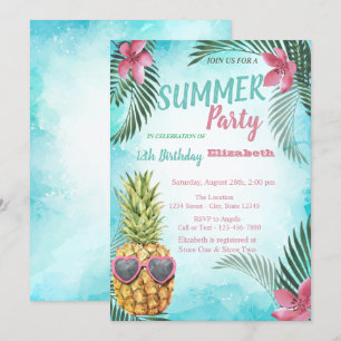 Invitación Cumpleaños de Piña Fresca con Hoja de Palma 