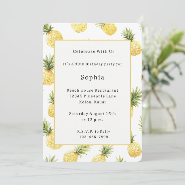 Invitación Cumpleaños de Piñas Amarillas Tropicales (Anverso de pie)
