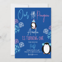 Cumpleaños de Pingüino Copos de Nieve Rosa Azul 1