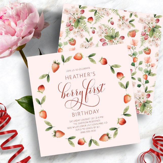 Invitación Cumpleaños de Pink Berry (Pink Berry First Birthday Invitation with Strawberries by Painted Paperie
)