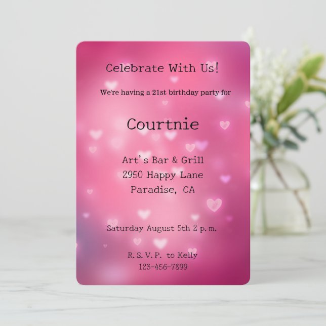 Invitación Cumpleaños de Pink Bokeh Hearts (Anverso de pie)