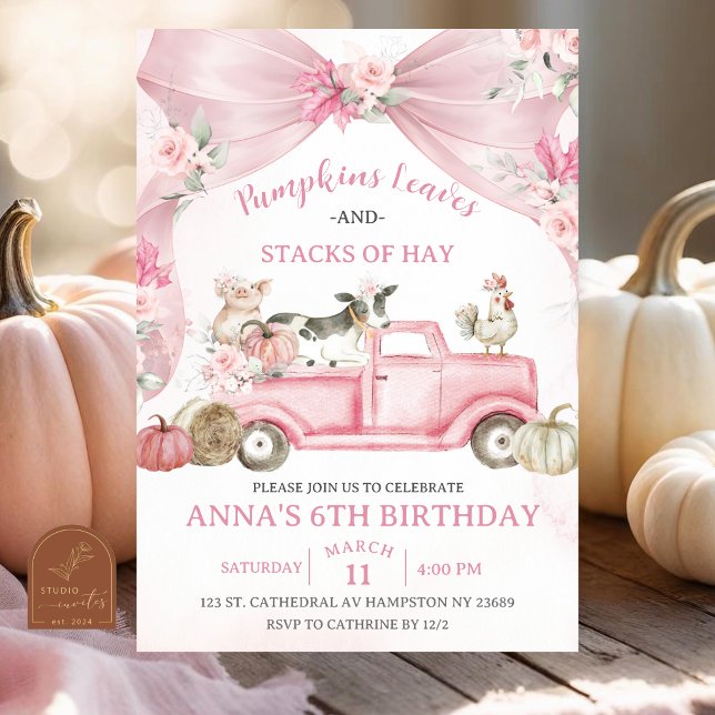 Invitación Cumpleaños de Pink Bow Coquette Pumpkin Farm Anima (Subido por el creador)