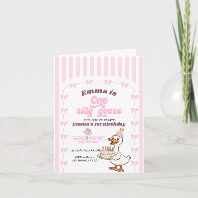 Invitación Cumpleaños de Pink Bow One Silly Goose Girl 1st  (Anverso)