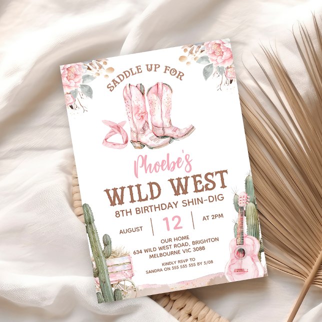 Invitación Cumpleaños de Pink Brown Shin-Dig Wild West Birthd (Girls Western Wild West Birthday Invitation, Pink Boots Wild West Birthday Invite, Saddle Up)