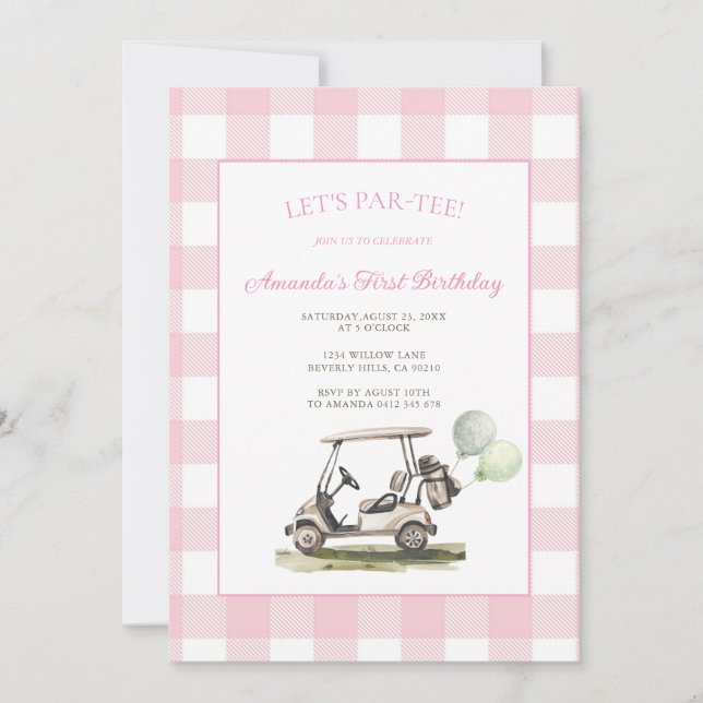 Invitación Cumpleaños de Pink Gingham Let's Par-Tee Golf (Anverso)