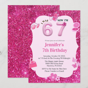 Invitación Cumpleaños de Pink Glitter Girl 7 Era 6 Ahora 7