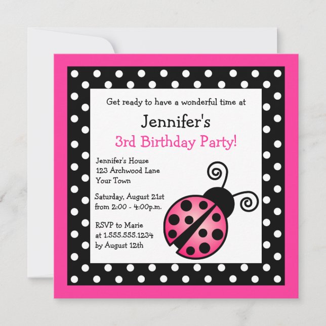 Invitación Cumpleaños de Pink Ladybug - Puntos de Polka Blanc (Anverso)