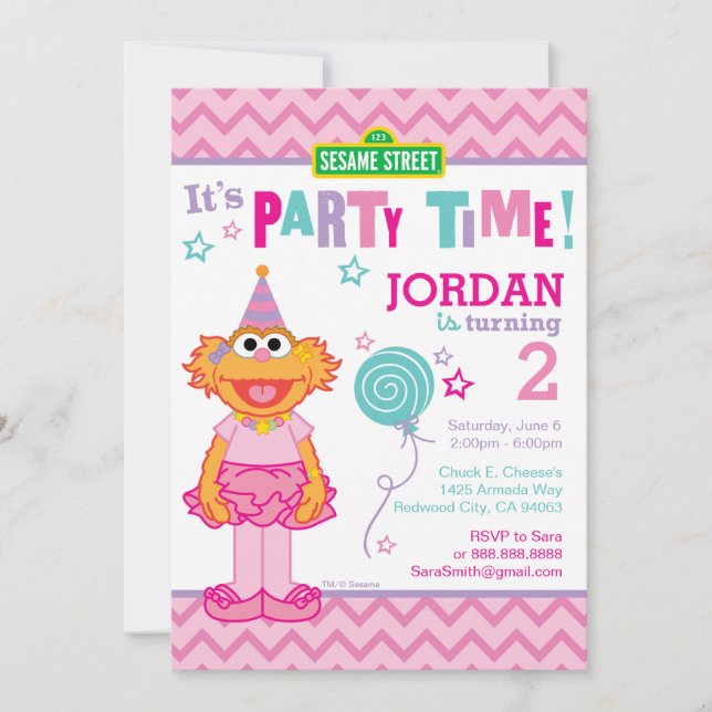 Invitación Cumpleaños de Pink Sesame Street Zoe (Anverso)
