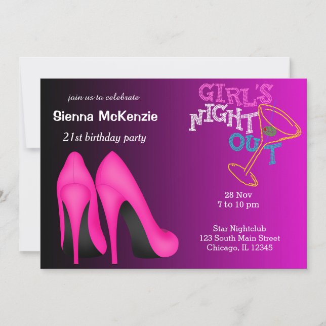 Invitación cumpleaños de Pink Stilettos (Anverso)