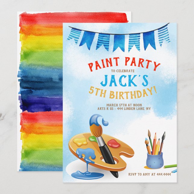 Invitación Cumpleaños de pintura de Fiesta de arte (Anverso / Reverso)