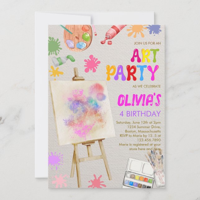 Invitación Cumpleaños de pintura de Fiesta de arte (Anverso)