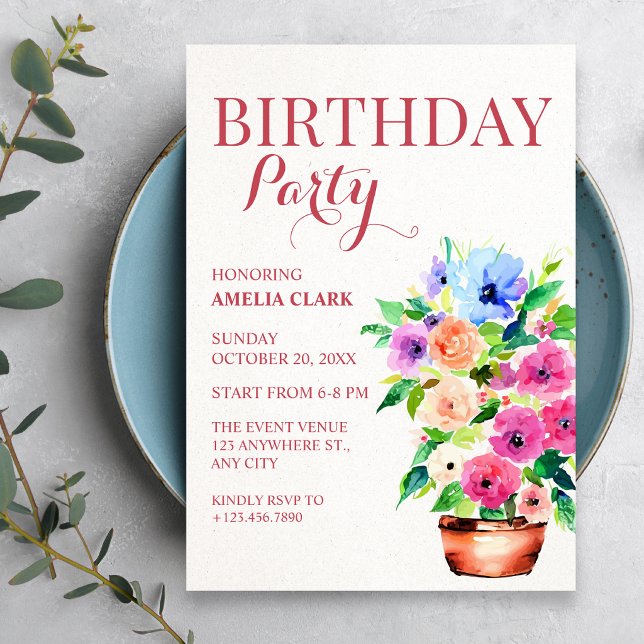 Invitación cumpleaños de pintura de maceta floral (Subido por el creador)