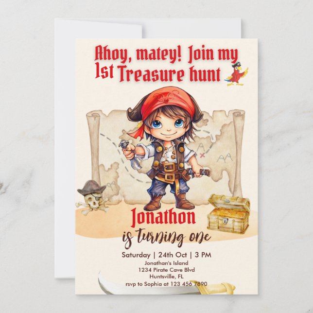 Invitación Cumpleaños de pirata para niños de 1 año (Anverso)