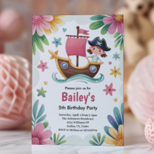 Invitación Cumpleaños de piratas para niñas con acuarela 5 añ