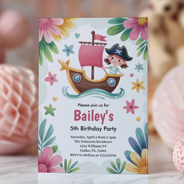 Invitación Cumpleaños de piratas para niñas con acuarela 5 añ (Subido por el creador)