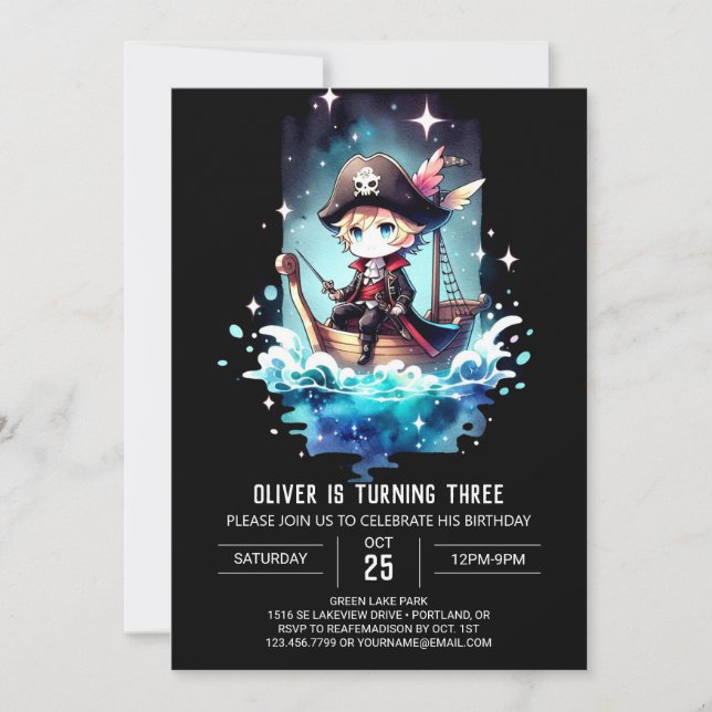 Invitación Cumpleaños de Pirate, Personalizado de acuarela (Anverso)
