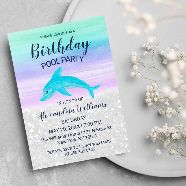 Invitación Cumpleaños de Piscina de Delfín Purpúreo Turquesa  (Lavender Teal White Glitter Dolphin Pool Birthday)