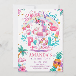 Invitación Cumpleaños de Piscina Pastel Unicornio y Flamenco