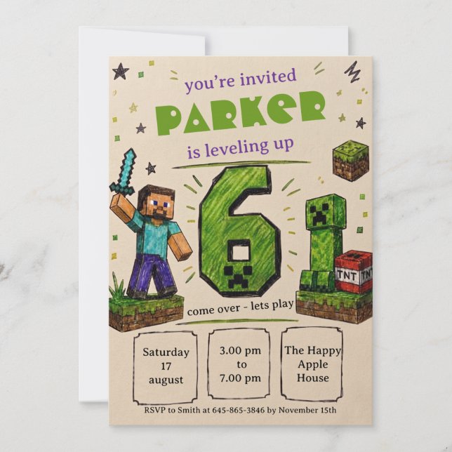 Invitación Cumpleaños de Pixel Block (Anverso)