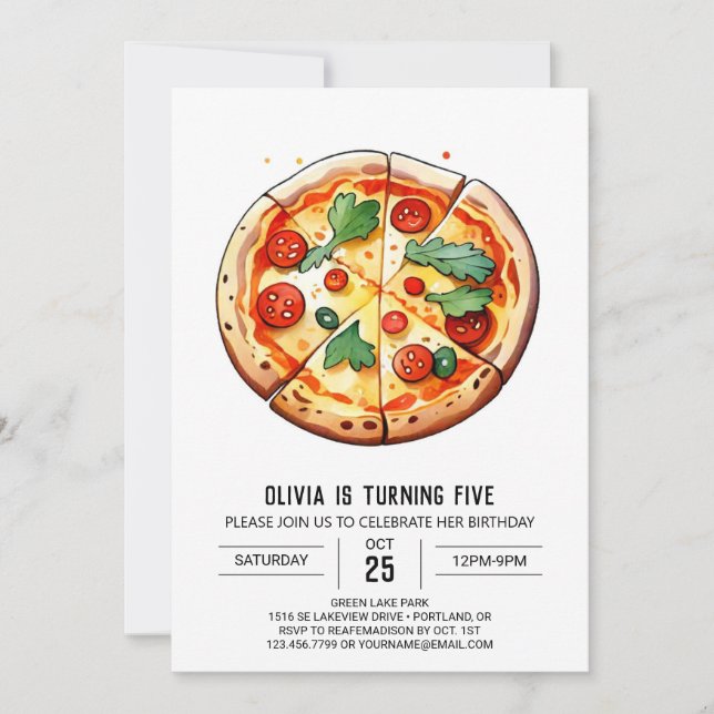 Invitación Cumpleaños de Pizza Imprimible para Comodidad (Anverso)