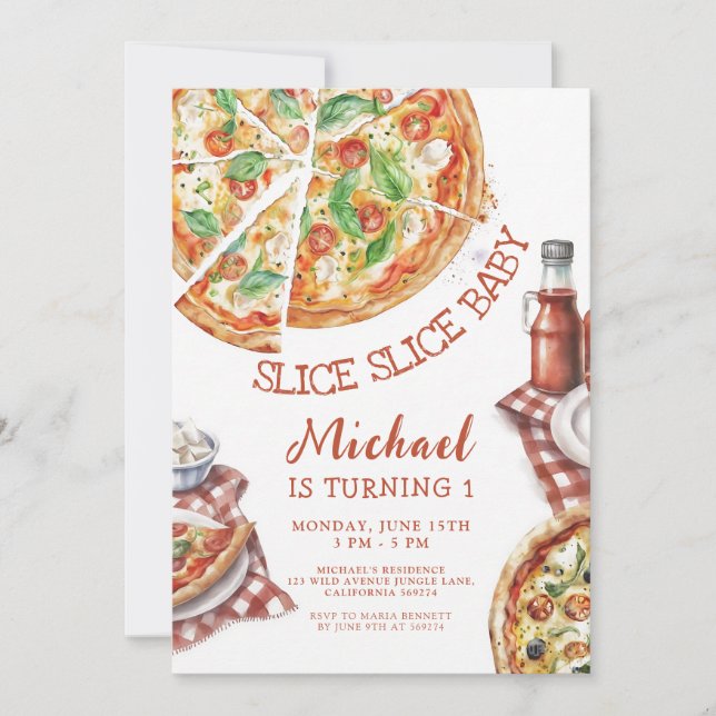 Invitación Cumpleaños de Pizza Slice Slice Baby Primero (Anverso)