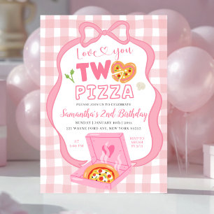 Invitación Cumpleaños de pizza te amo DOS lazo de gingham ros