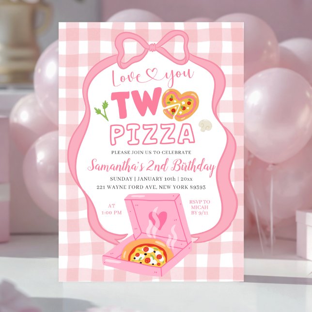 Invitación Cumpleaños de pizza te amo DOS lazo de gingham ros (Subido por el creador)